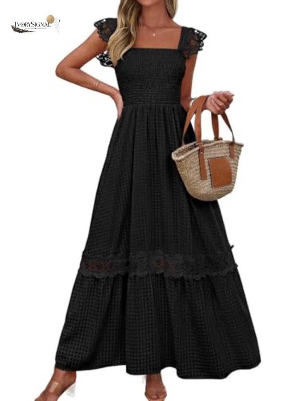 PRETTYGARDEN Women's Smocked Summer Maxi Dress Ruffle Cap Sleeve Square Neck